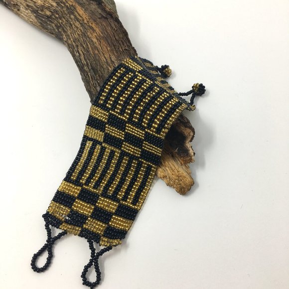 Art Deco Inspired Gold Black Wide Loom Woven Seed Bead Cuff Bracelet - Picture 9 of 16